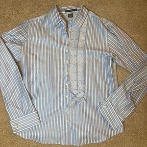 Alâra womens button down dress shirt size small blue and white stripes with bow